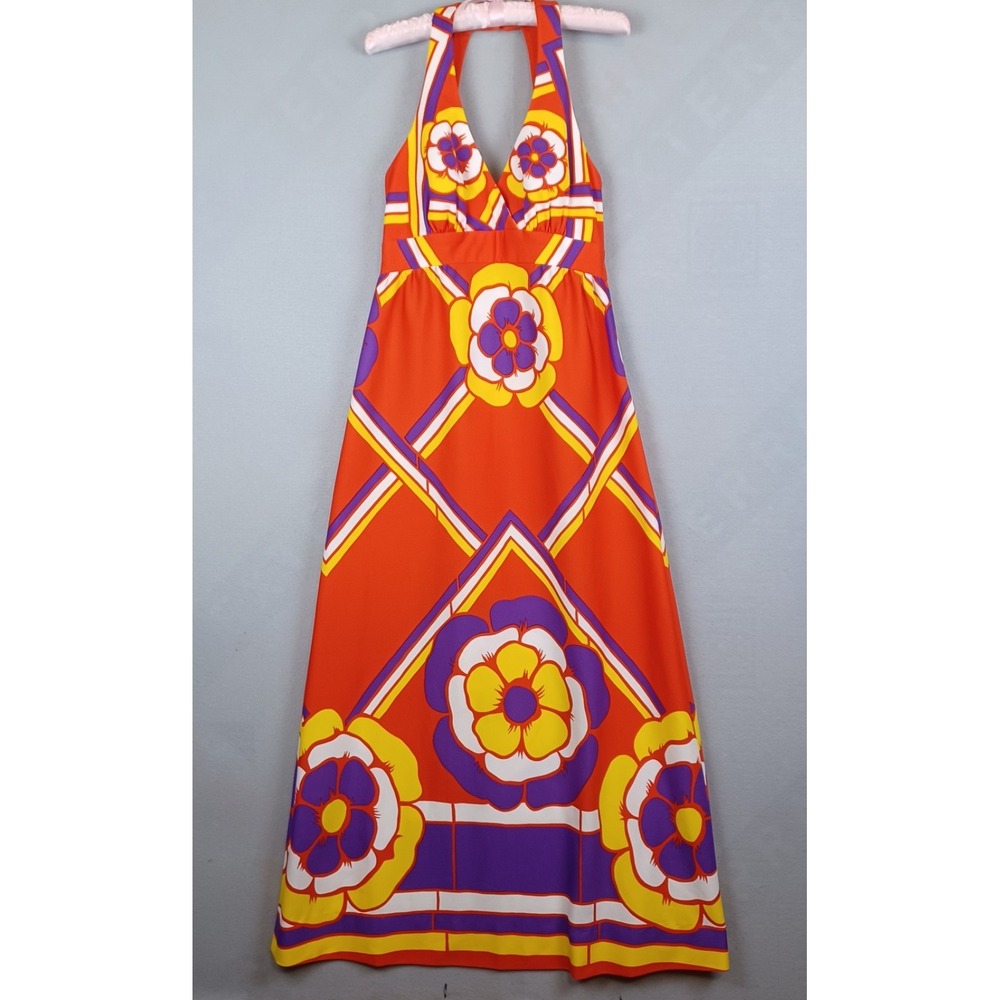 Vintage 70s Tori Richard Honolulu Halter Maxi Dress Sz 12 Hawaiian Floral Mod
